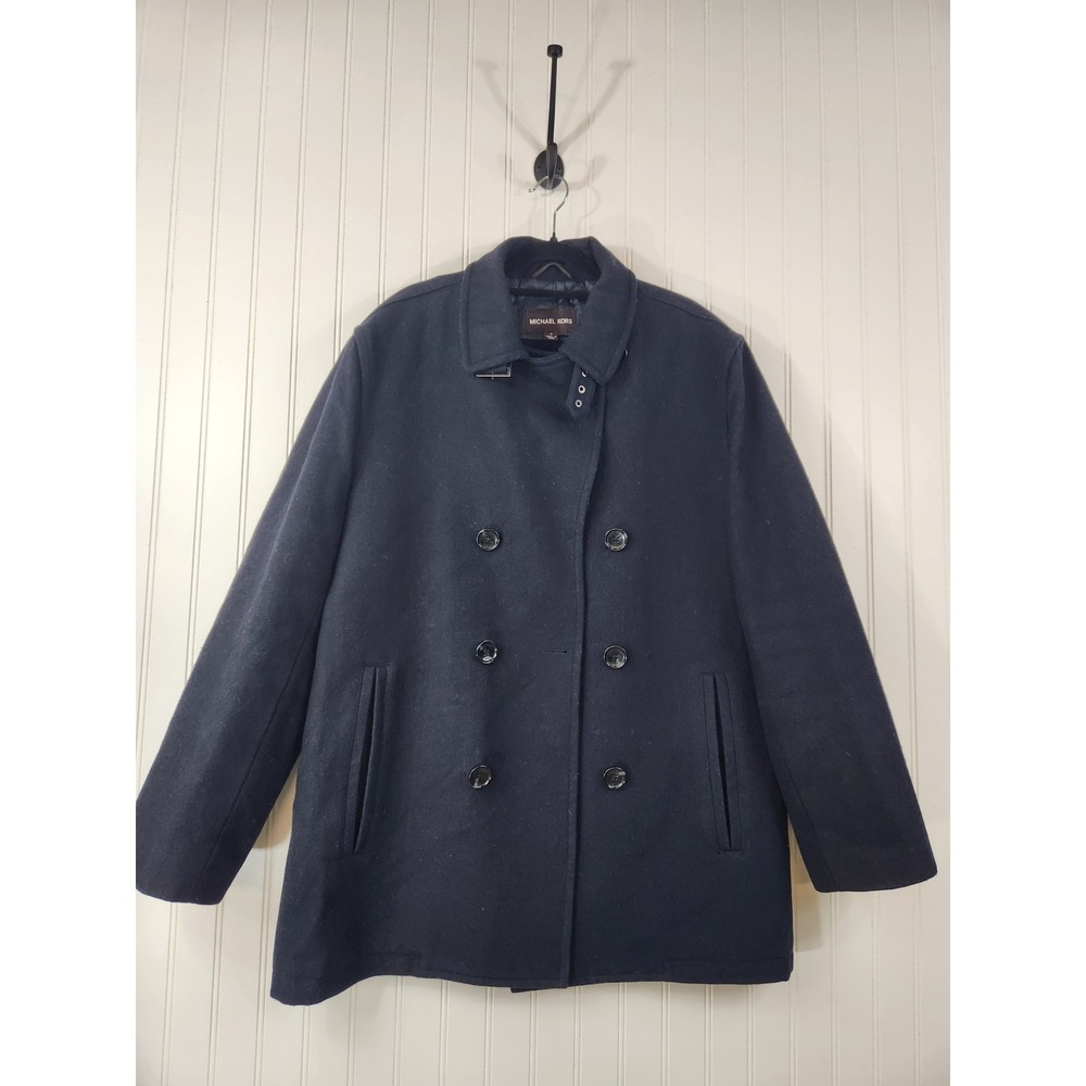 Michael Kors Mens Navy Wool Blend Quilted Double Breasted Thick Pea Coat Medium‎